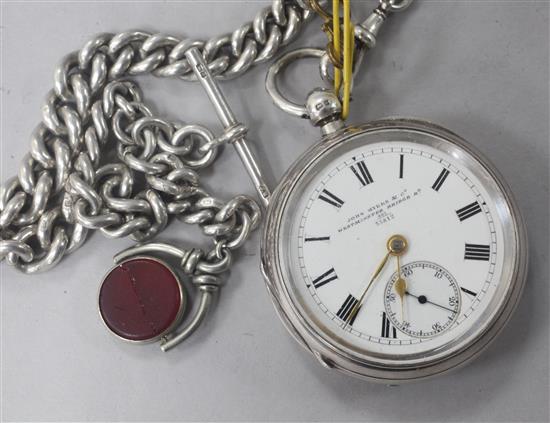 A late Victorian silver keywind pocket watch by John Myers & Co and heavy silver curb link albert with spinning fob.